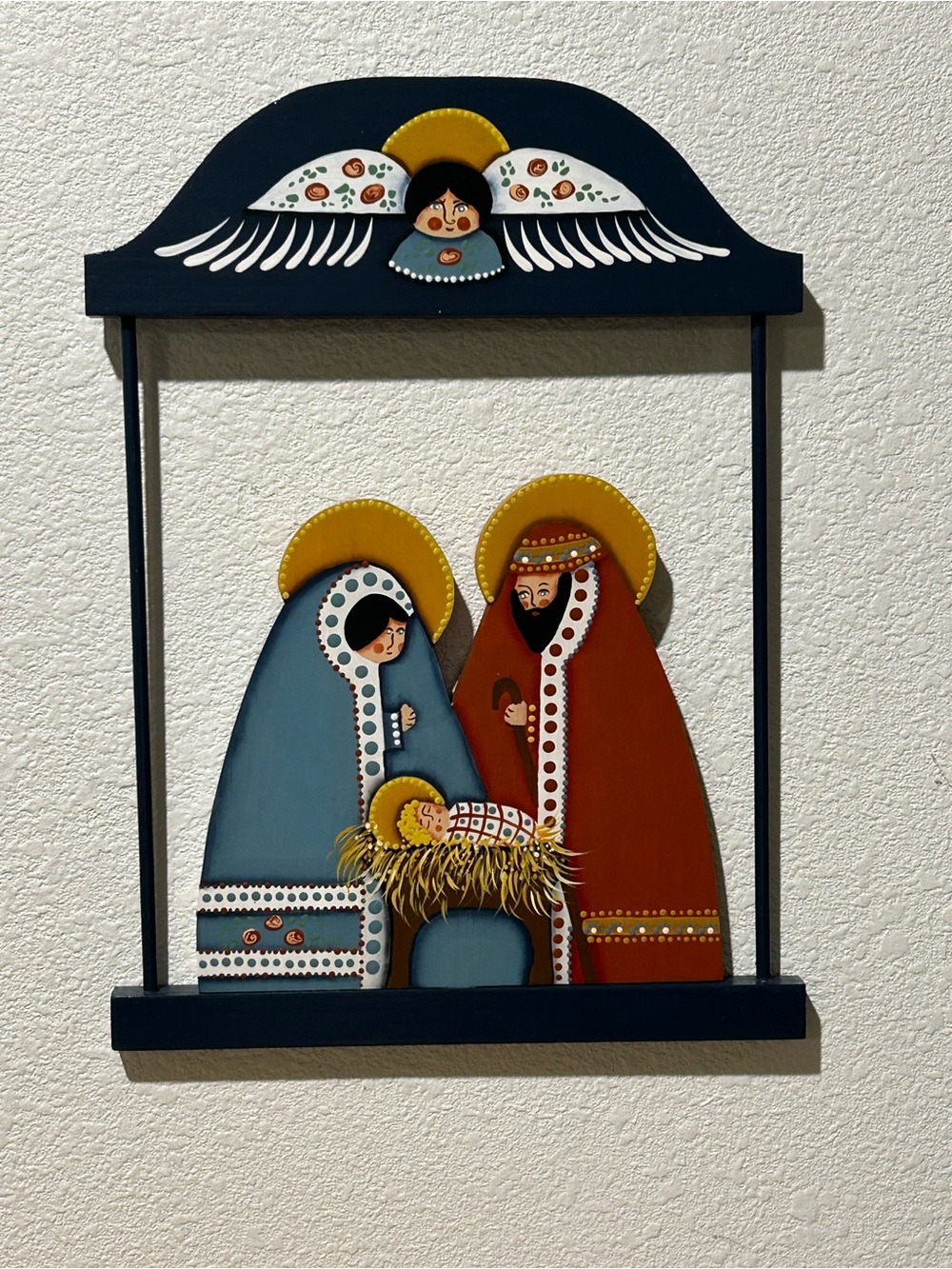 Folk-Style Blue and Red Nativity Wall Plaque - Decorative Holiday Hanging